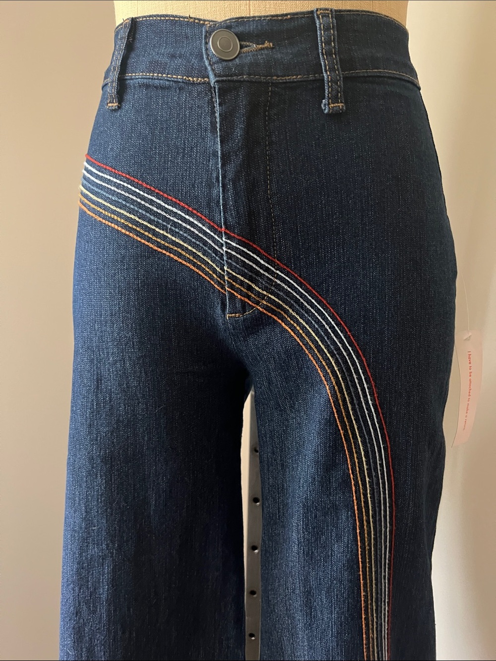 Modcloth Dark Blue Wide Leg Jeans with Embroidered Rainbow Stripe